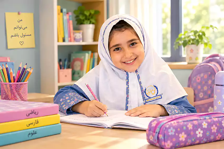 مادر در حال همراهی دختر دانش‌آموز هنگام انجام تکالیف مدرسه