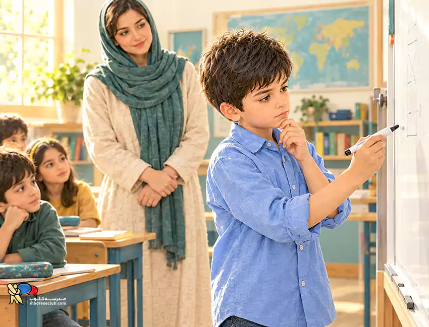 معلم دبستان که به دانش‌آموز فرصت می‌دهد پای تخته راه‌حل را خودش پیدا کند