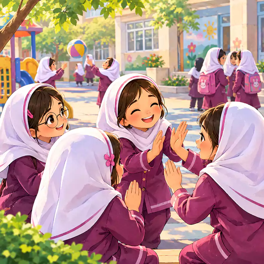 دوستی و بازی گروهی دانش‌آموزان دختر در زنگ تفریح دبستان