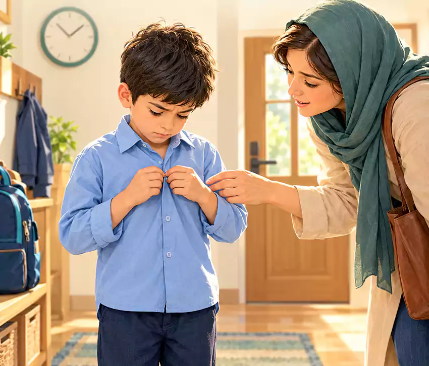 کودک دبستانی در حال تلاش برای بستن دکمه پیراهن و والدی که آرام کنارش ایستاده است