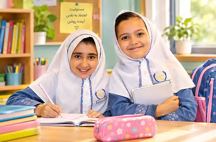 دو دانش‌آموز دختر دبستانی در حال گفت‌وگو و همکاری در محیط مدرسه